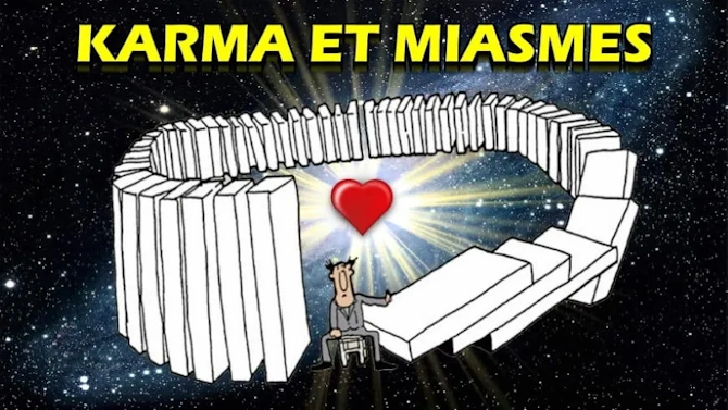 Illustration des énergies karmiques et des miasmes bloquant le flux spirituel.