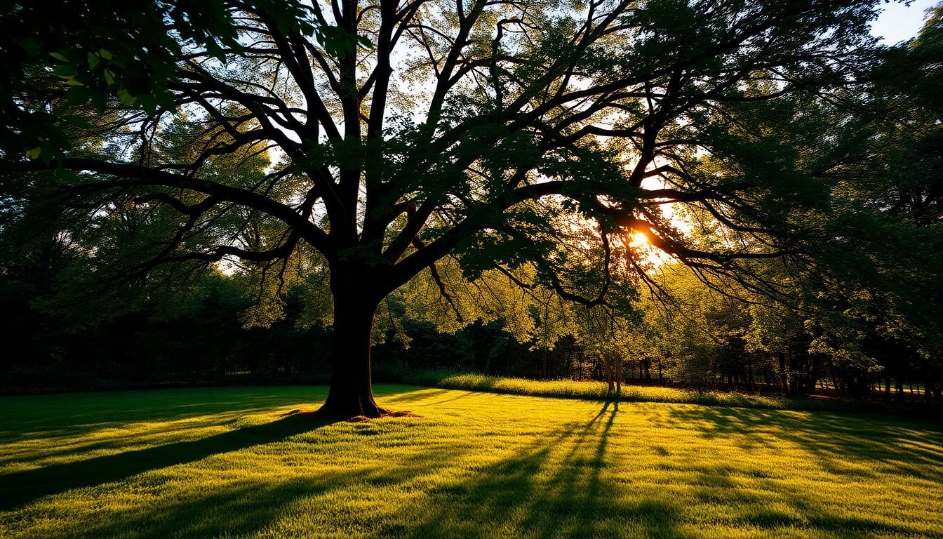 Un jardin paisible avec un arbre solitaire et une ambiance apaisante.